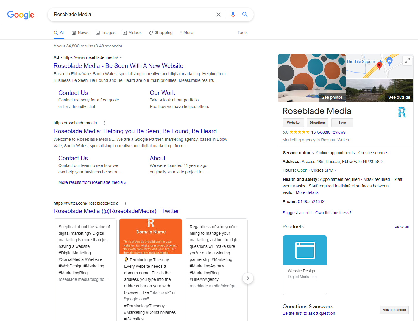 Example of Google My Business - showing Roseblade Media
