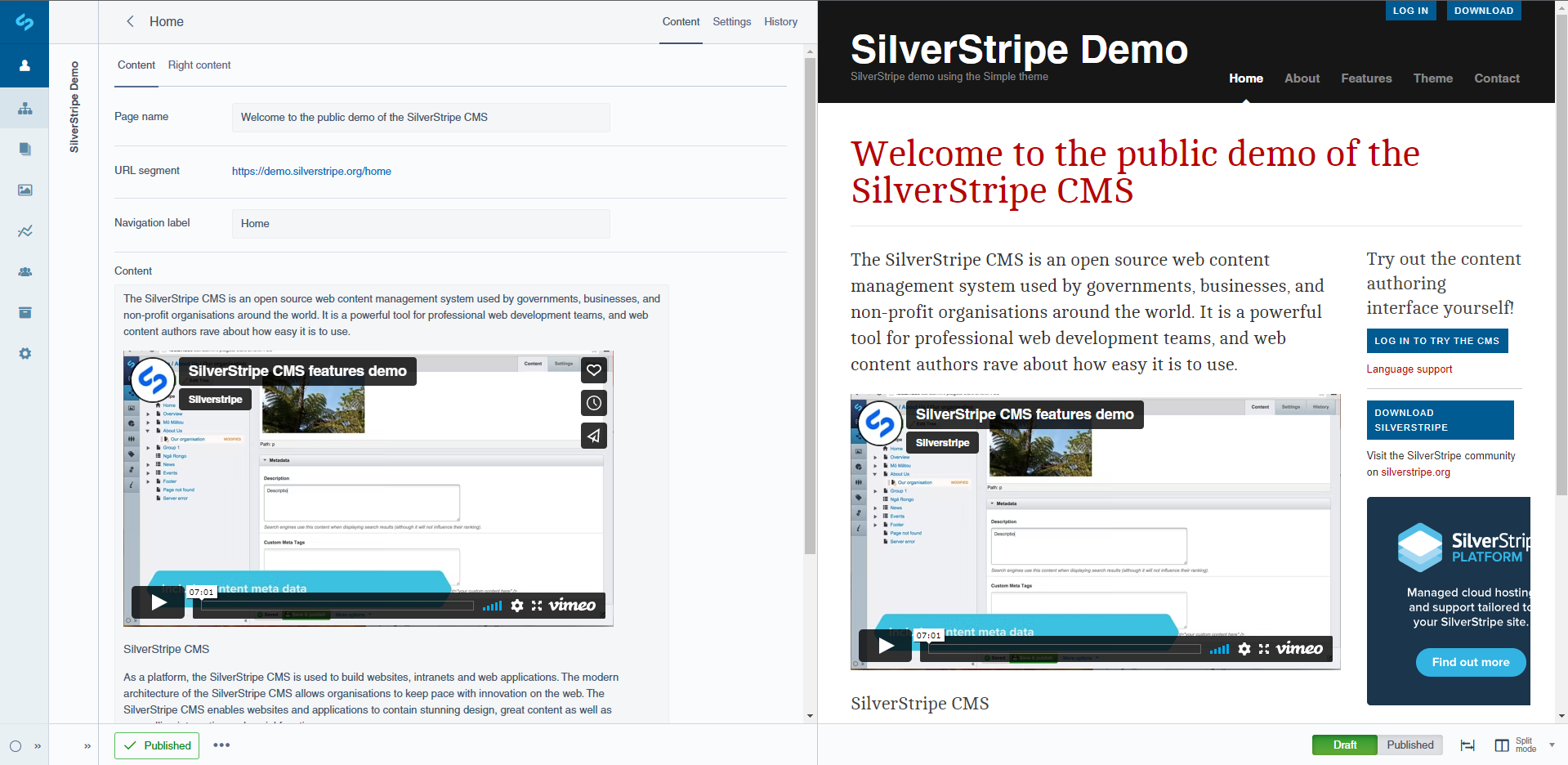 Example of Silverstripe split editor and preview mode
